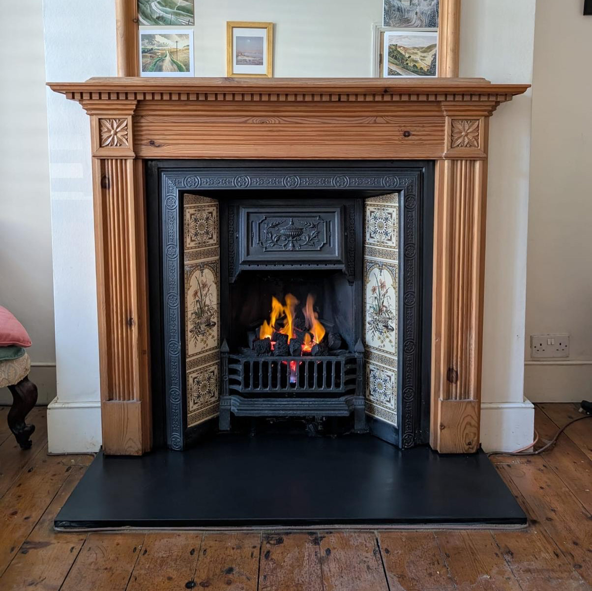 Customer's original mantel, original tiled inset, gas fire
